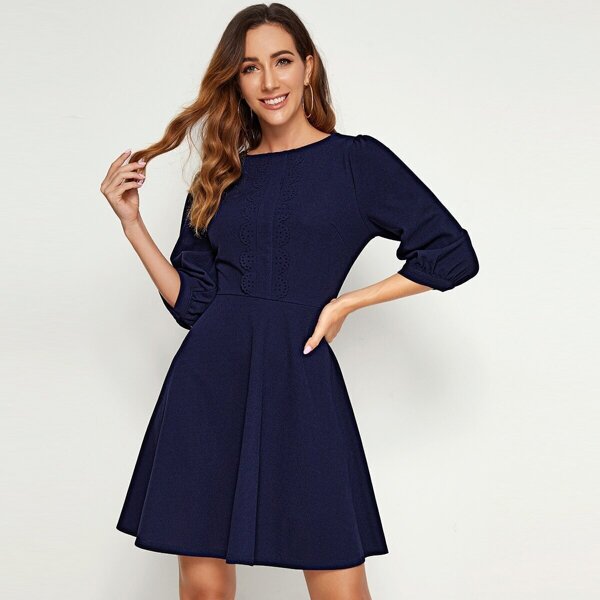 

Lace Trim Zip Back Solid Dress, Navy