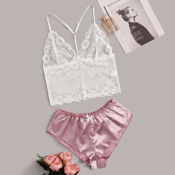 

Floral Lace Bralette With Satin Shorts, Multicolor