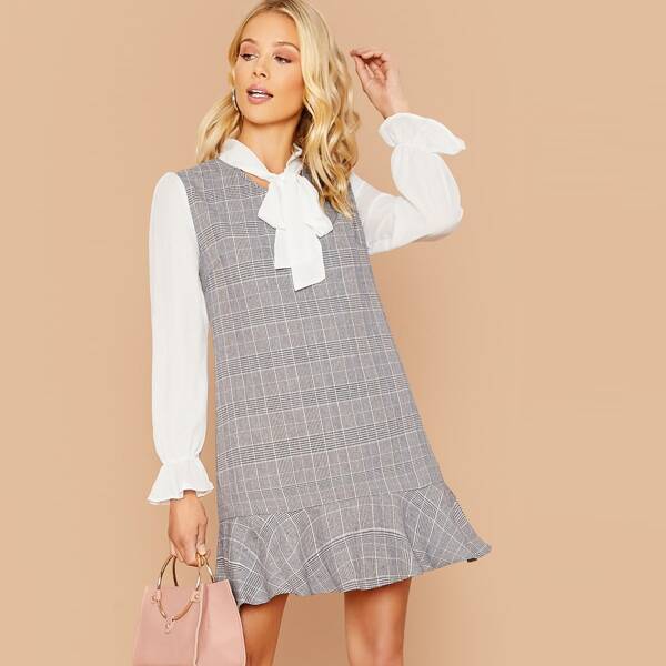 

Tie Neck Flounce Sleeve Plaid Dress, Grey