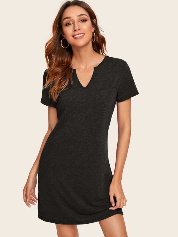 

Notched Neckline Pocket Patch T-shirt Dress, Grey, Gabi B