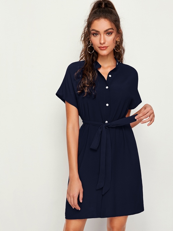 

Button Front Belted Shirt Dress, Navy, Carol A