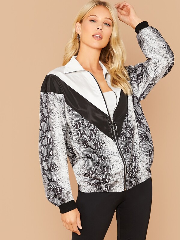 

Snakeskin Print Chevron O-ring Zip Front Jacket, Multicolor, Allie Leggett