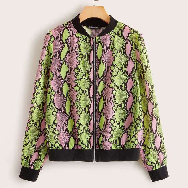 

Zipper Front Snakeskin Print Bomber Jacket, Multicolor