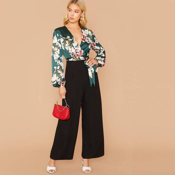 

Floral Lantern Sleeve Belted Combo Jumpsuit, Multicolor
