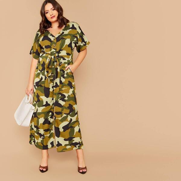 

Plus Camo Button Front Belted Wide Leg Jumpsuit, Green