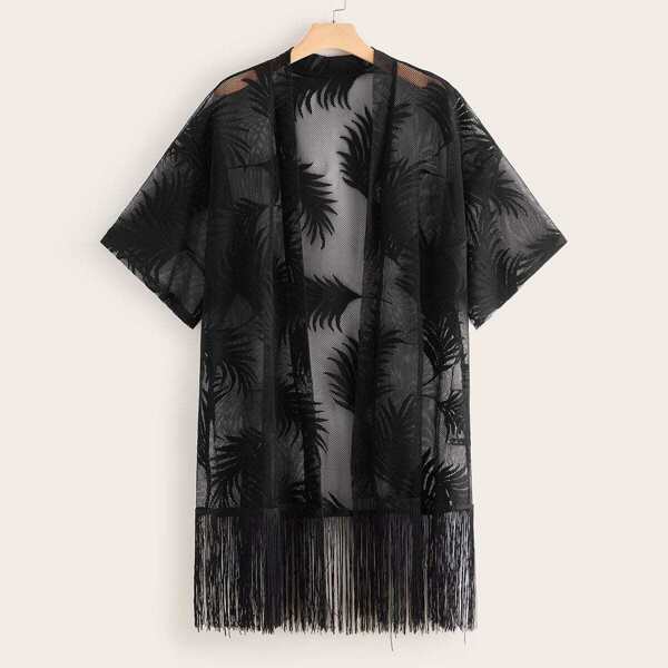 

Plus Drop Shoulder Fringe Hem Embroidery Lace Kimono, Black