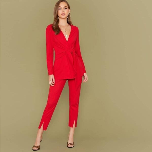 

Tie Front Solid Coat, Red bright