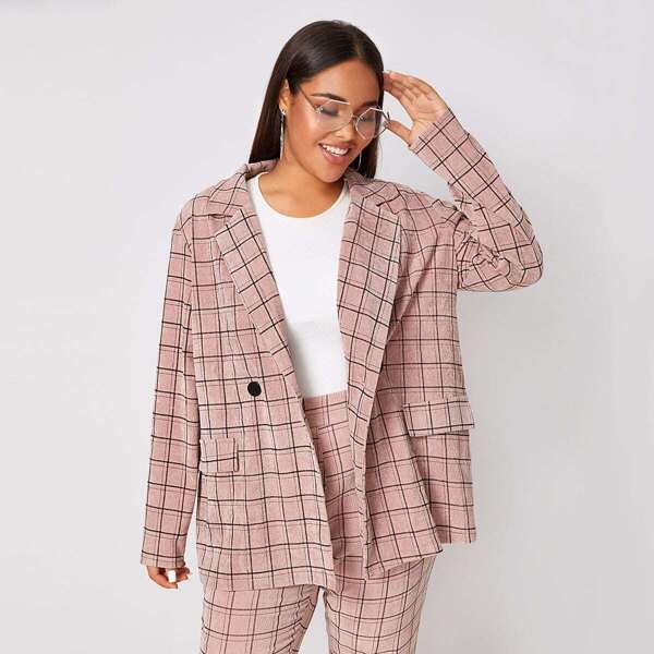 

Plus Grid Buttoned Placket Corduroy Blazer, Pink pastel