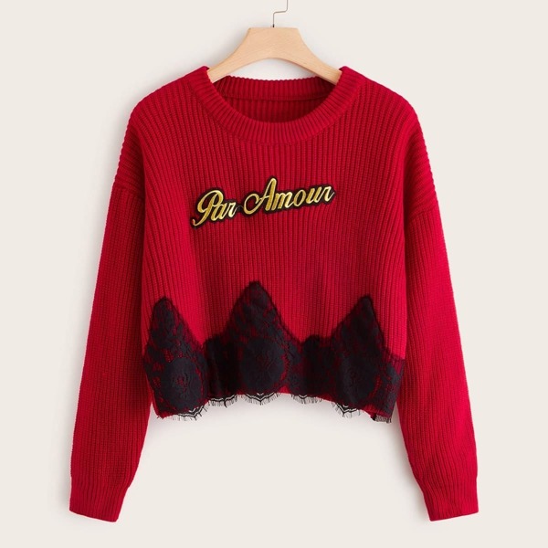 

Plus Letter Patch Lace Panel Sweater, Red bright