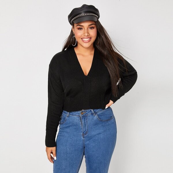 

Plus Solid Plunge Neck Crop Jumper, Black
