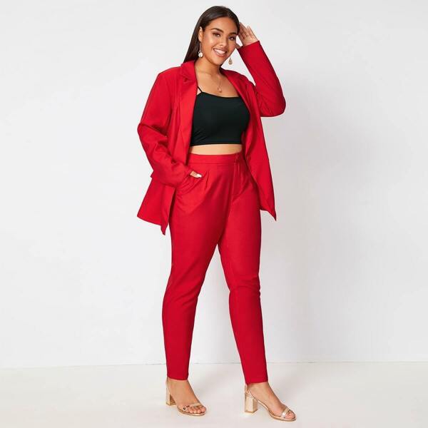 

Plus Single Button Blazer & Tailored Pants Set, Red bright