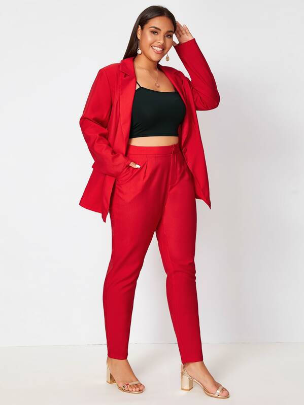 

Plus Single Button Blazer & Tailored Pants Set, Red, Emilie