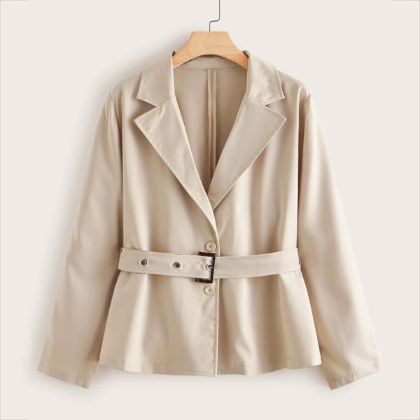 

Plus Solid Lapel Collar Belted Blazer, Beige