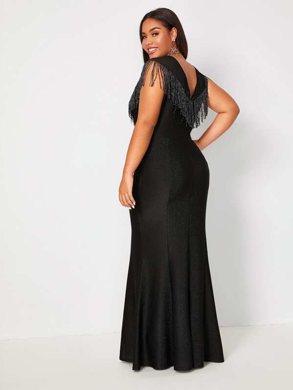 

Plus Glitter Fringe Mermaid Hem Formal Dress, Black, Emilie
