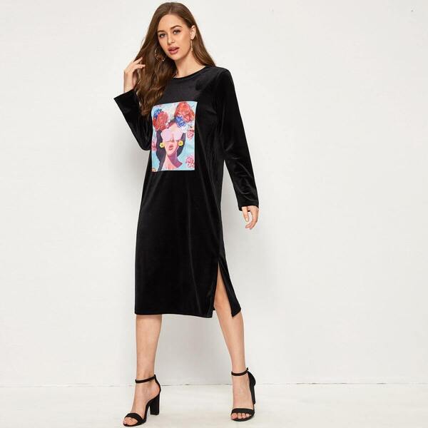 

Figure Graphic Slit Hem Velvet Tee Dress