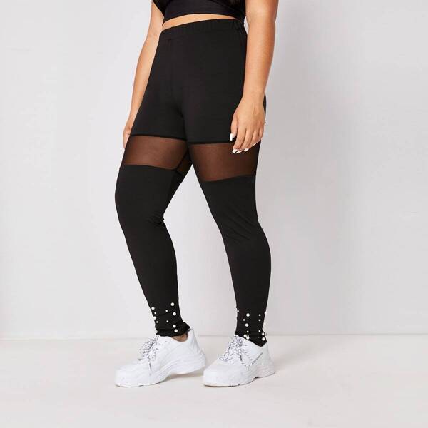 

Plus Contrast Mesh Beaded Hem Leggings, Black