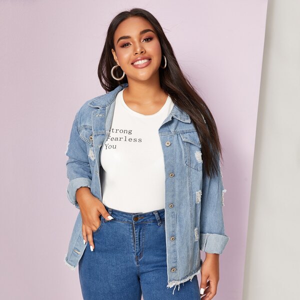 

Plus Single-breasted Ripped Raw Hem Denim Jacket, Blue