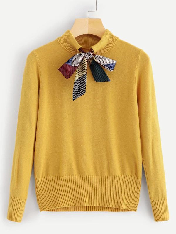

Plus Tie Neck Long Sleeve Jumper, Yellow