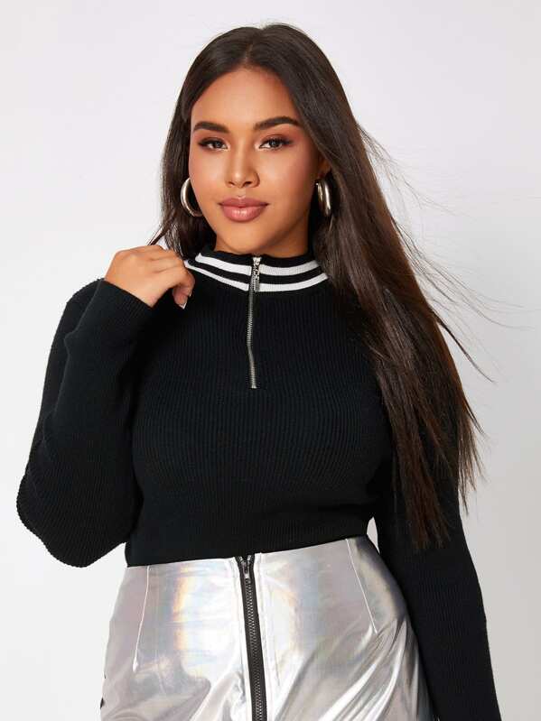 

Plus Contrast Striped Half Zip Jumper, Black, Emilie