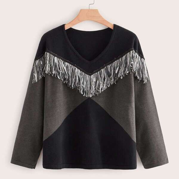 

Plus Contrast Panel Fringe Detail Sweater, Multicolor