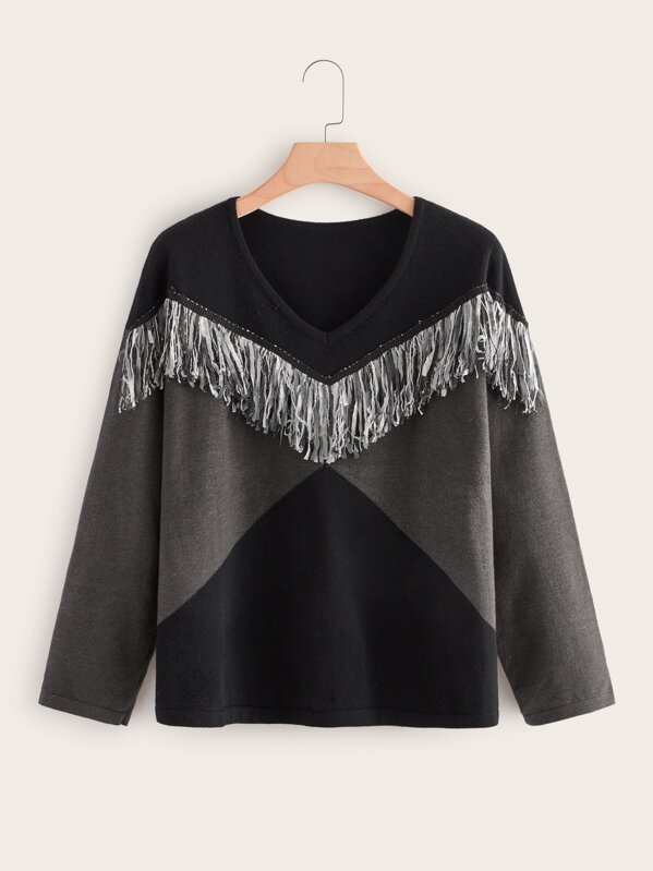 

Plus Contrast Panel Fringe Detail Sweater, Multicolor