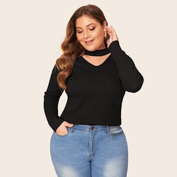 

Plus Solid Choker Neck Sweater, Black