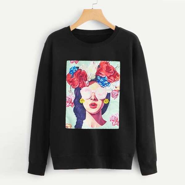 

Plus Figure Graphic Round Neck Sweatshirt, Black