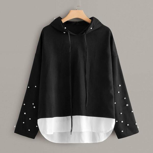 

Plus Beaded Drawstring High Low Hem Hoodie, Black