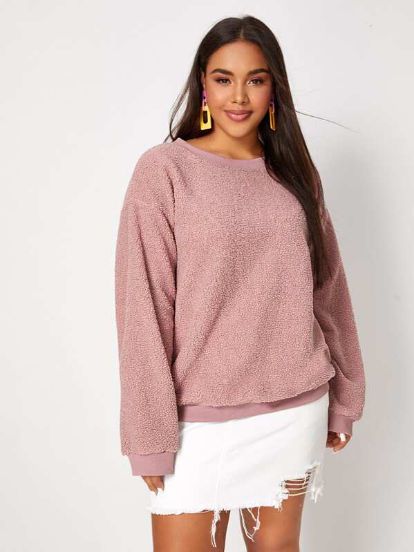 

Plus Solid Round Neck Teddy Sweatshirt, Pink, Emilie