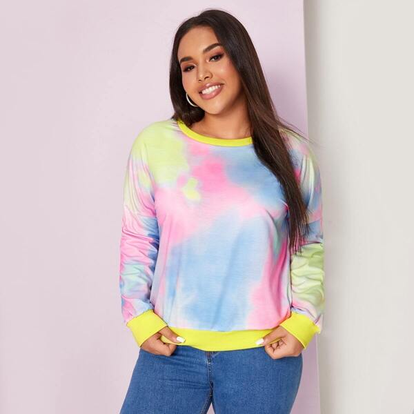 

Plus Contrast Binding Tie Dye Sweatshirt, Multicolor