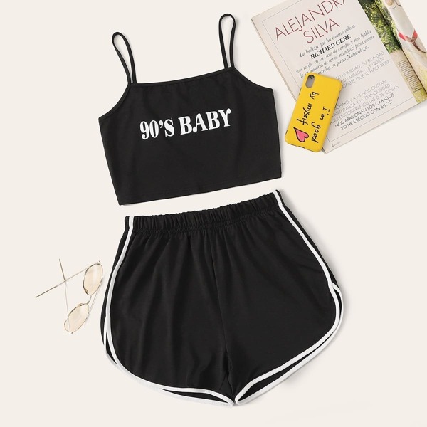 

Letter Graphic Cami Top & Contrast Binding Track Shorts, Black