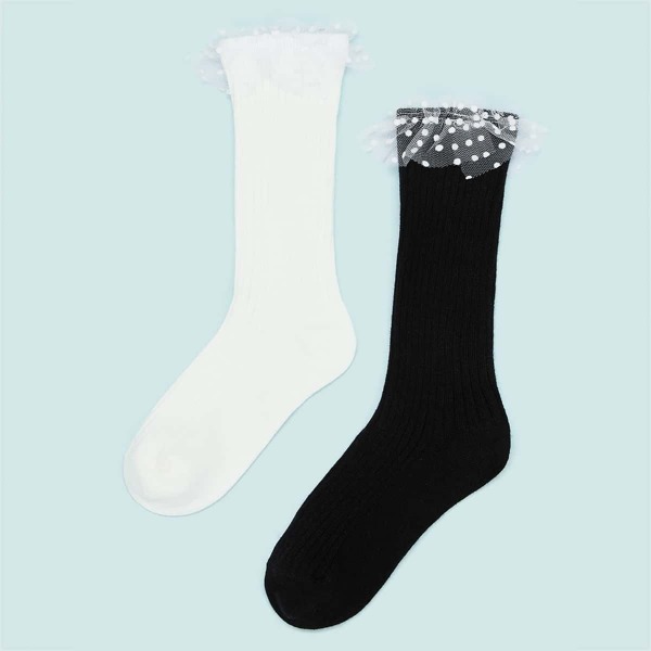

Toddler Girls Mesh Trim Socks 2pairs, Black and white