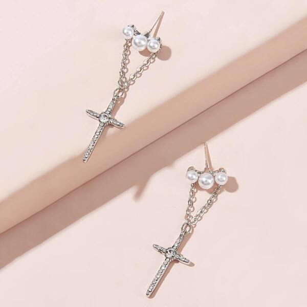 

Faux Pearl Decor Rhinestone Engraved Cross Drop Earrings 1pair, Silver