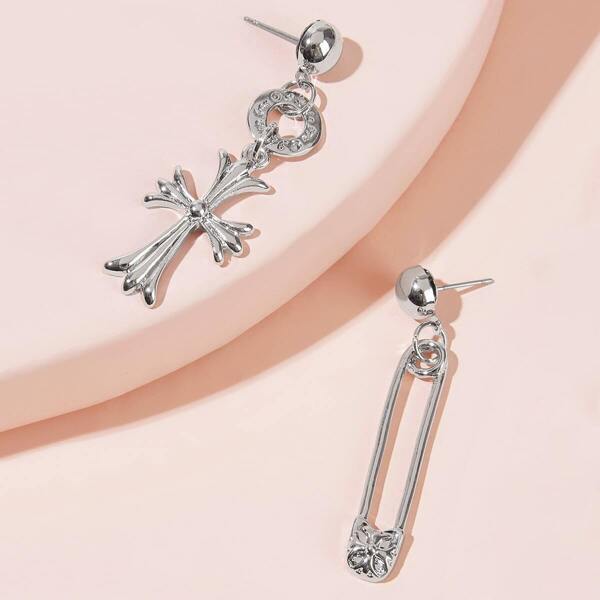 

Pin & Cross Decor Mismatched Earrings 1pair, Silver