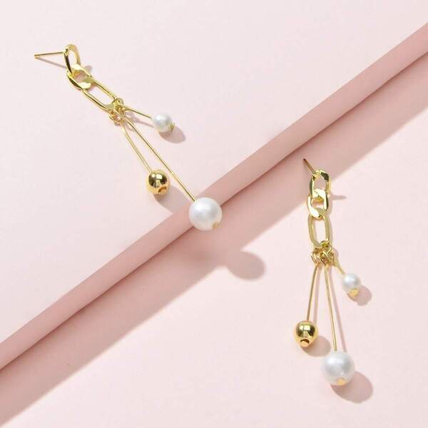 

Faux Pearl Decor Bar Drop Earrings 1pair