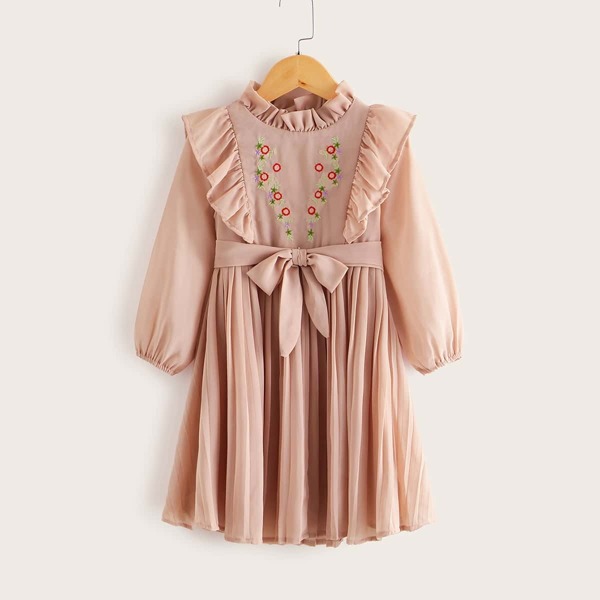 

Toddler Girls Embroidery Ruffle Trim Belted Pleated Dress