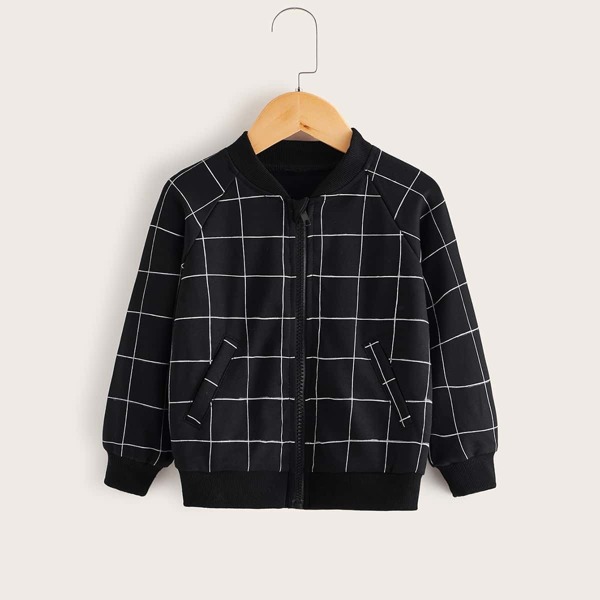 

Toddler Boys Grid Plaid Rib-knit Bomber Jacket, Black