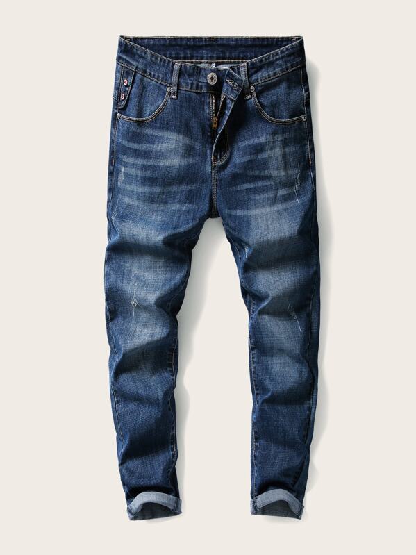 

Men Letter Patched Button Fly Skinny Jeans, Blue