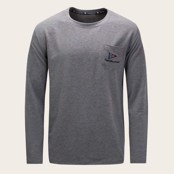 

Men Letter Embroidery Patched Pocket Tee, Grey