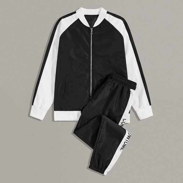 

Men Contrast Panel Bomber Jacket With Letter Sweatpants