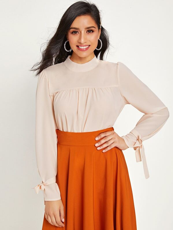 

Stand Collar Tie Cuff Blouse, Nude, Jessica B