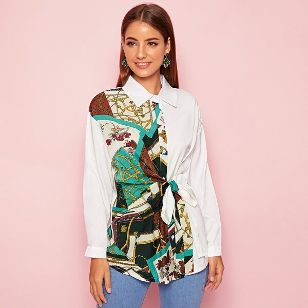 

Contrast Scarf Print Panel Tie Front Blouse