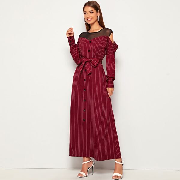 

Mesh Panel Self Tie Striped Maxi Shirt Dress