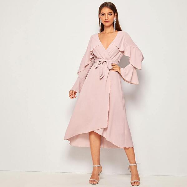 

Deep V-neck Ruffle Trim Self Tie Wrap Dress, Pink pastel