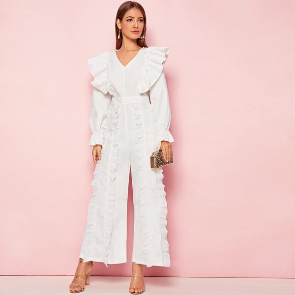 

V-neck Ruffle Trim Wide Leg Culotte Jumpsuit, White