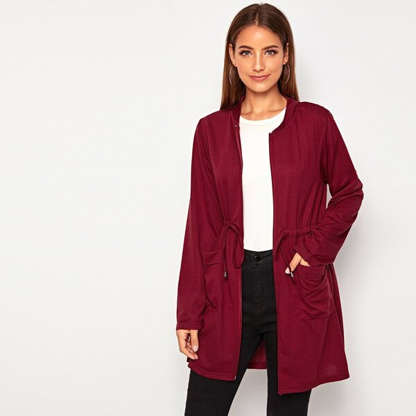 

Dual Pockets Drawstring Waist Outerwear, Burgundy