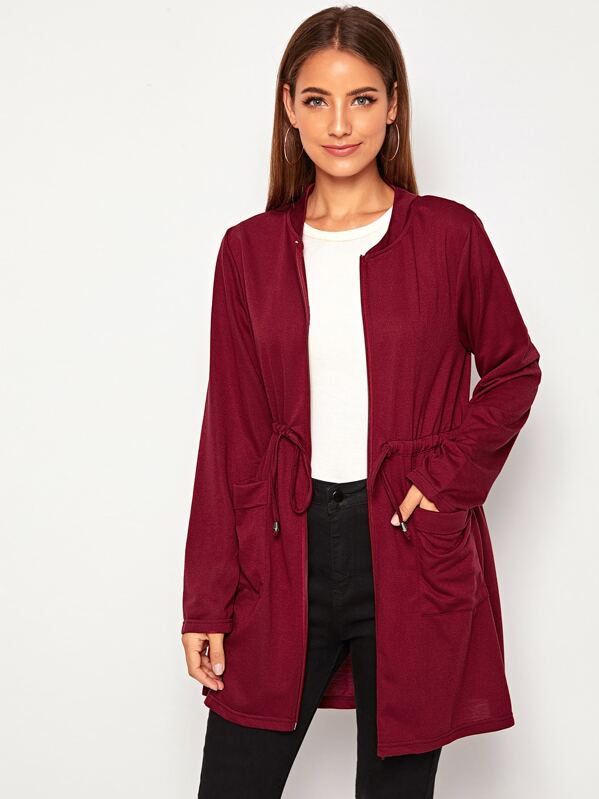 

Dual Pockets Drawstring Waist Outerwear, Burgundy, Debi Cruz