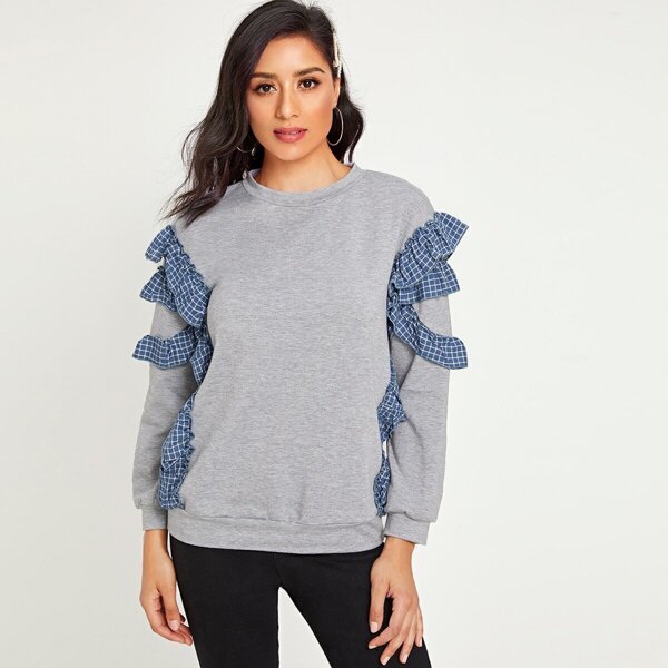 

Contrast Plaid Ruffle Round Neck Sweatshirt