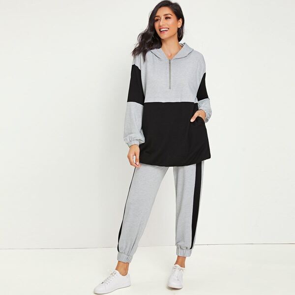 

Cut And Sew Half Zipper Hoodie With Sweatpants, Multicolor
