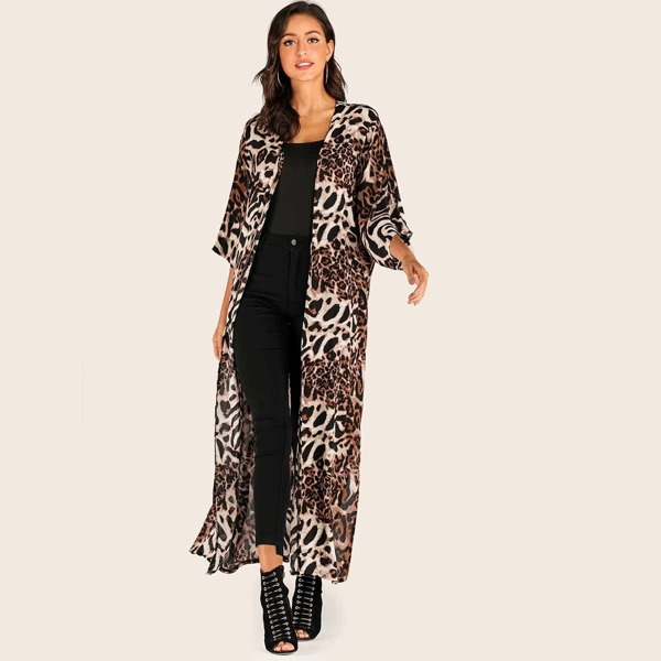 

Tiger Print Slit Hem Longline Outerwear, Multicolor
